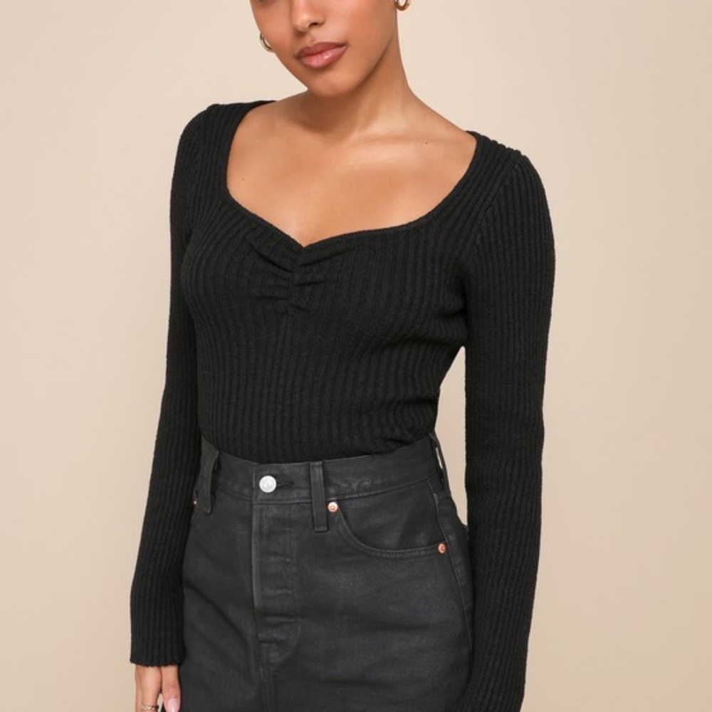 Lulus Casually Brilliant Black Ribbed Knit Long Sleeve Top - Size S